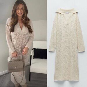 Zara Sand Pointelle Knit Polo Dress